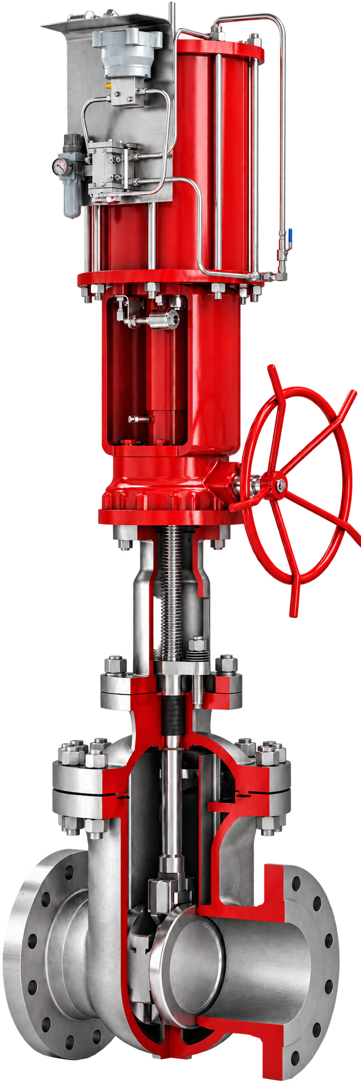 Red and steel industrial valve cutaway beside the refinery