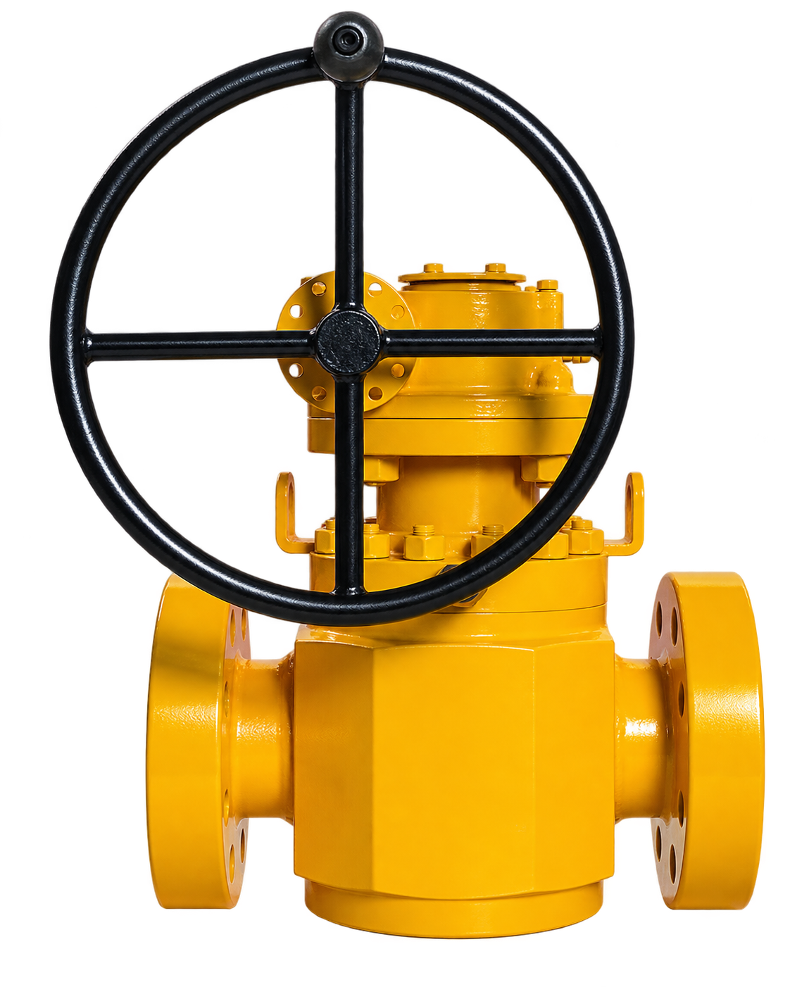 Yellow CEPAI wellhead trunnion ball valve with a black handwheel